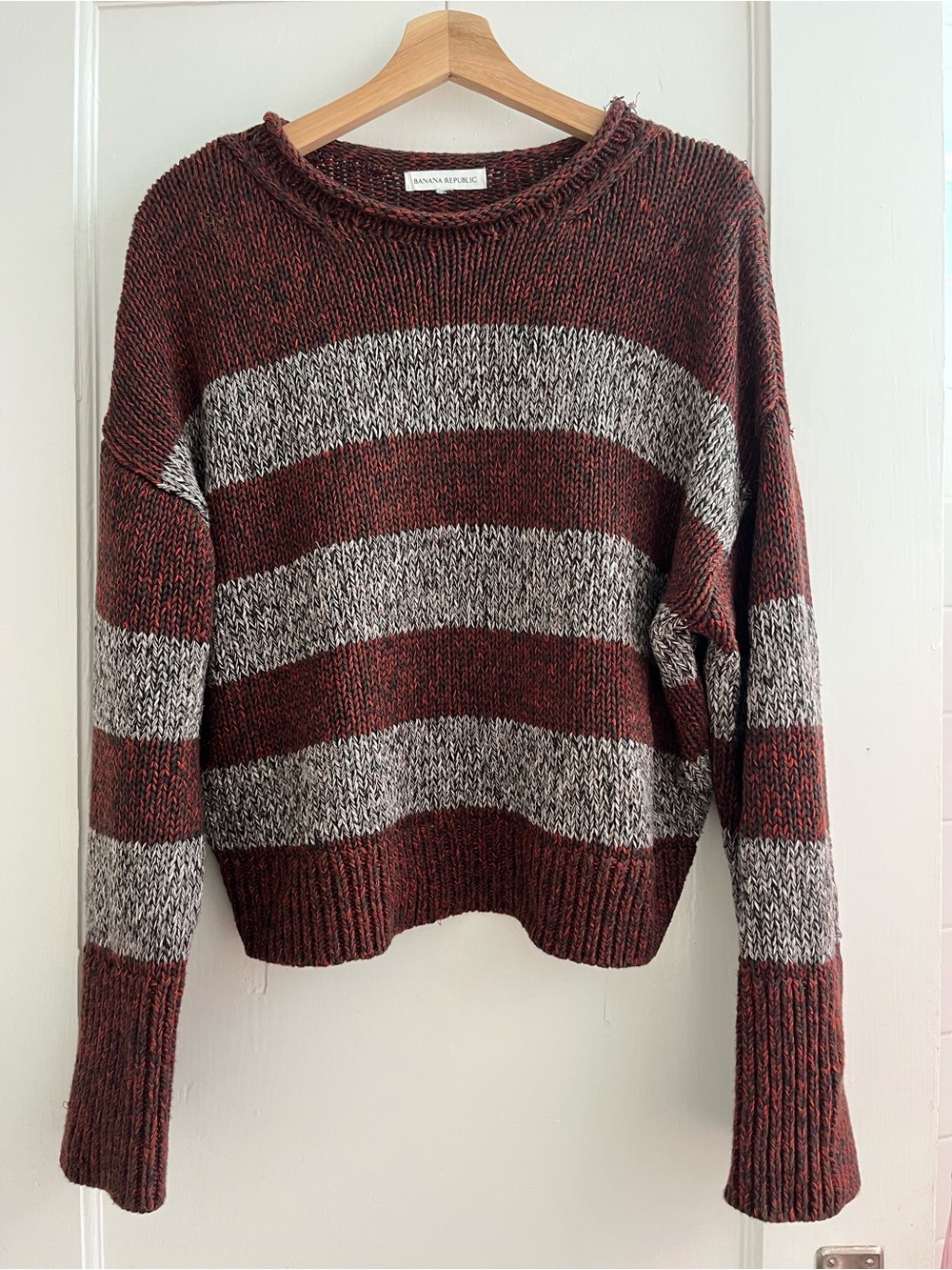 Banana Republic Women's Rust and Gray Striped Knit Sweater